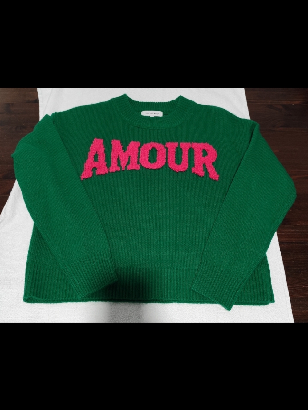 Hooked Up by IOT Green Crewneck Sweater with Pink "AMOUR" Lettering - Picture 3 of 5